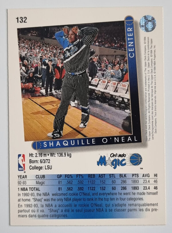 1993-94 Upper Deck International French #132 Shaquille O'Neal – Image 2