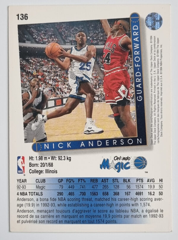 1993-94 Upper Deck International French #136 Nick Anderson – Image 2