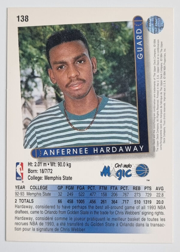 1993-94 Upper Deck International French #138 Anfernee Hardaway – Image 2