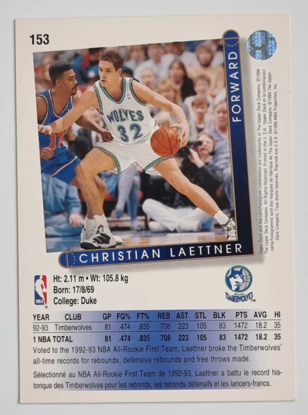 1993-94 Upper Deck International French #153 Christian Laettner – Image 2