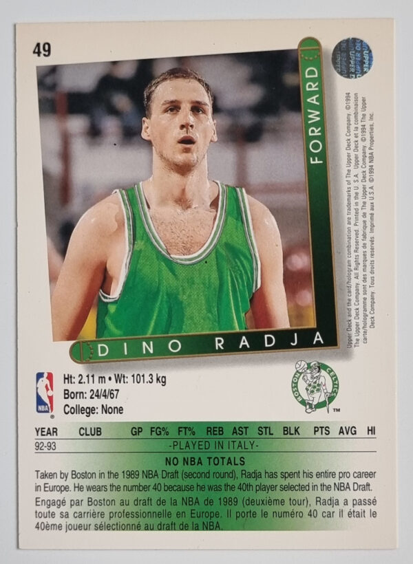 1993-94 Upper Deck International French #49 Dino Radja – Image 2