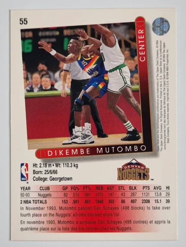 1993-94 Upper Deck International French #55 Dikembe Mutombo – Image 2