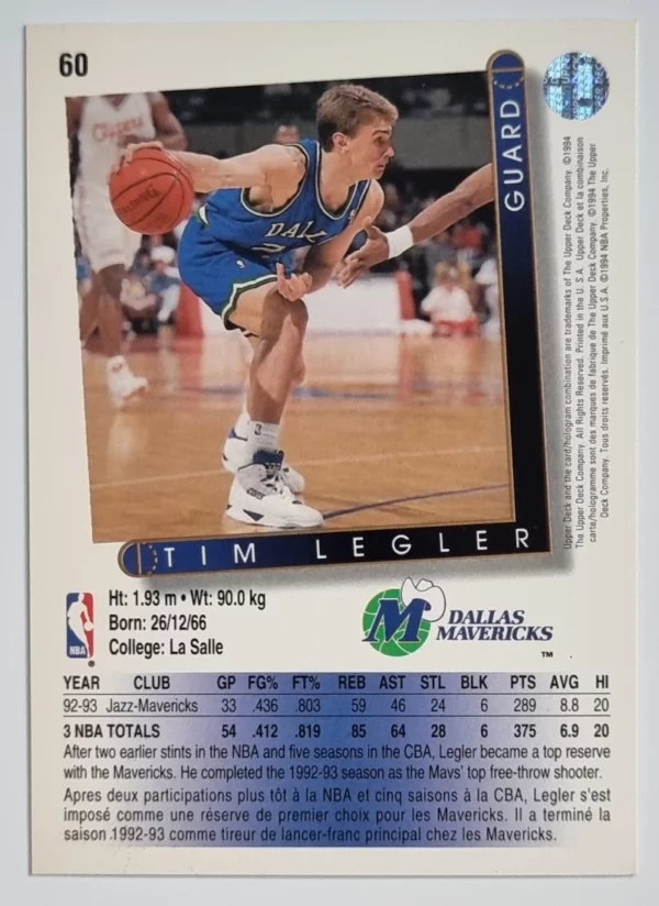 1993-94 Upper Deck International French #60 Tim Legler – Image 2