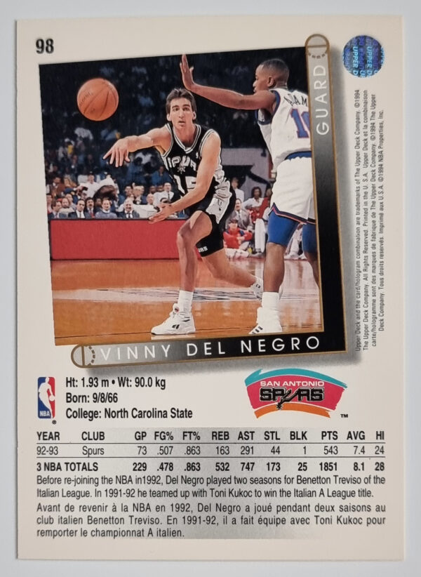 1993-94 Upper Deck International French #98 Vinny Del Negro – Image 2