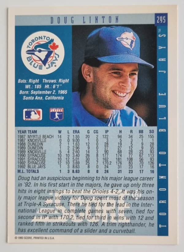 1993 Score #295 Doug Linton – Image 2