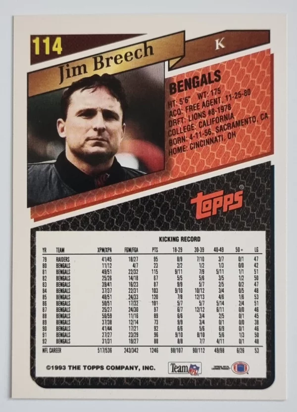 1993 Topps #114 Jim Breech – Image 2