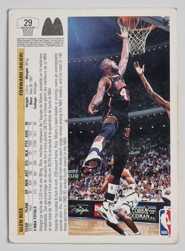1993 Upper Deck French McDonald's #29 Glen Rice – Image 2