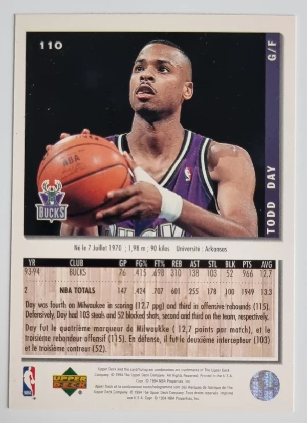 1994-95 Collector's Choice International French #110 Todd Day – Image 2