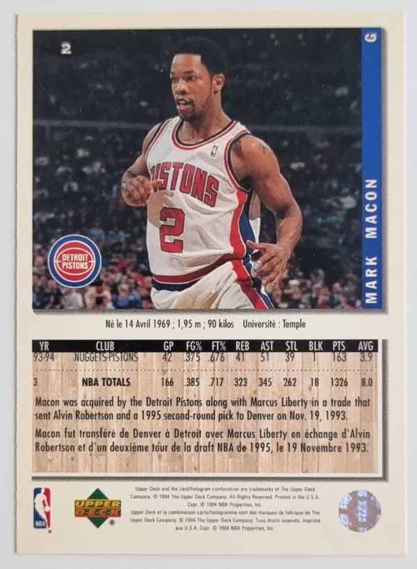 1994-95 Collector's Choice International French #2 Mark Macon – Image 2