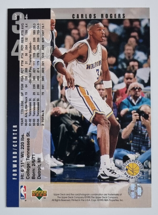 1994-95 Upper Deck #314 Carlos Rogers RC – Image 2