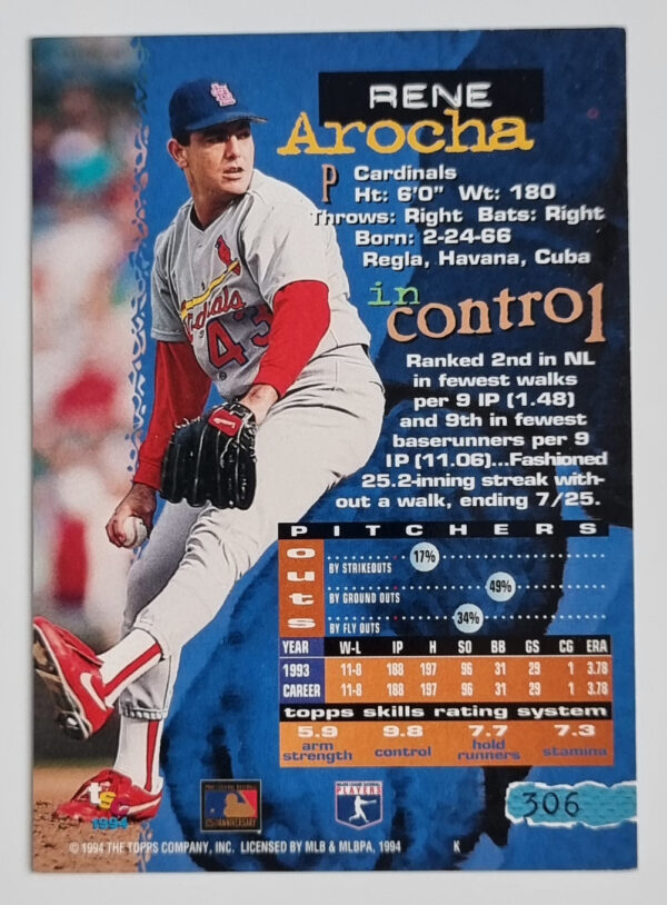 1994 Stadium Club #306 Rene Arocha – Image 2