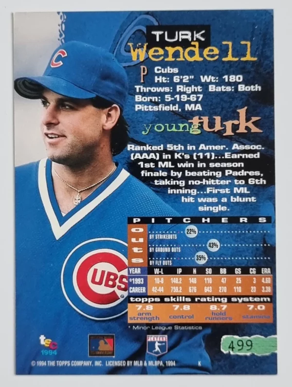 1994 Stadium Club #499 Turk Wendell – Image 2