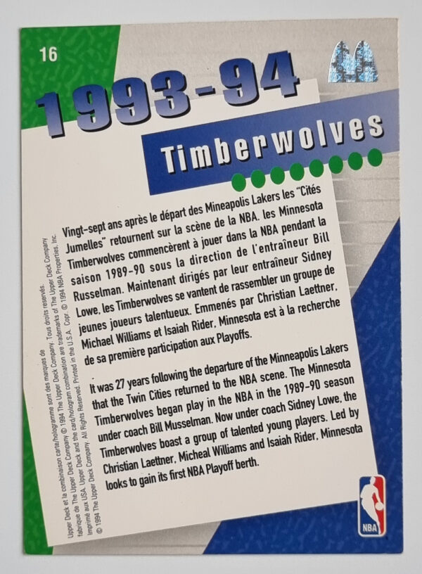 1994 Upper Deck French McDonald's Team #16 Minnesota Timberwolves/Group – Image 2