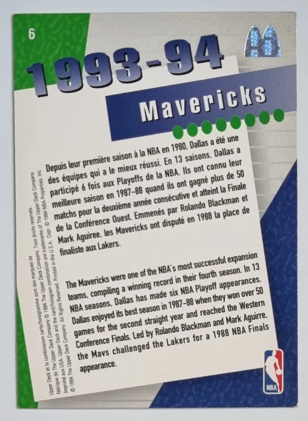 1994 Upper Deck French McDonald's Team #6 Dallas Mavericks/Jim Jackson – Image 2
