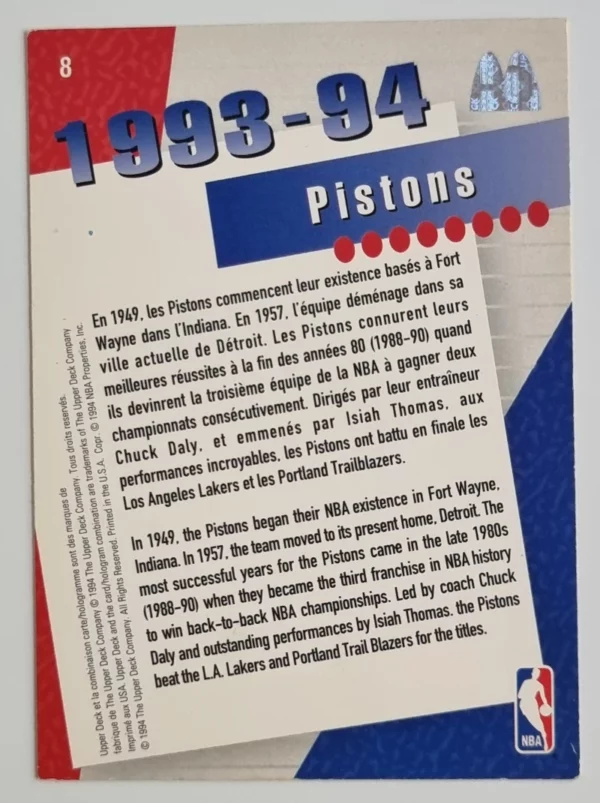 1994 Upper Deck French McDonald's Team #8 Detroit Pistons/Isiah Thomas – Image 2