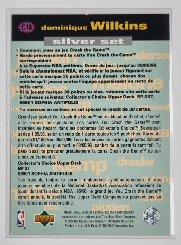 1995-96 Collector's Choice International French Crash the Game #C18 Dominique Wilkins – Image 2