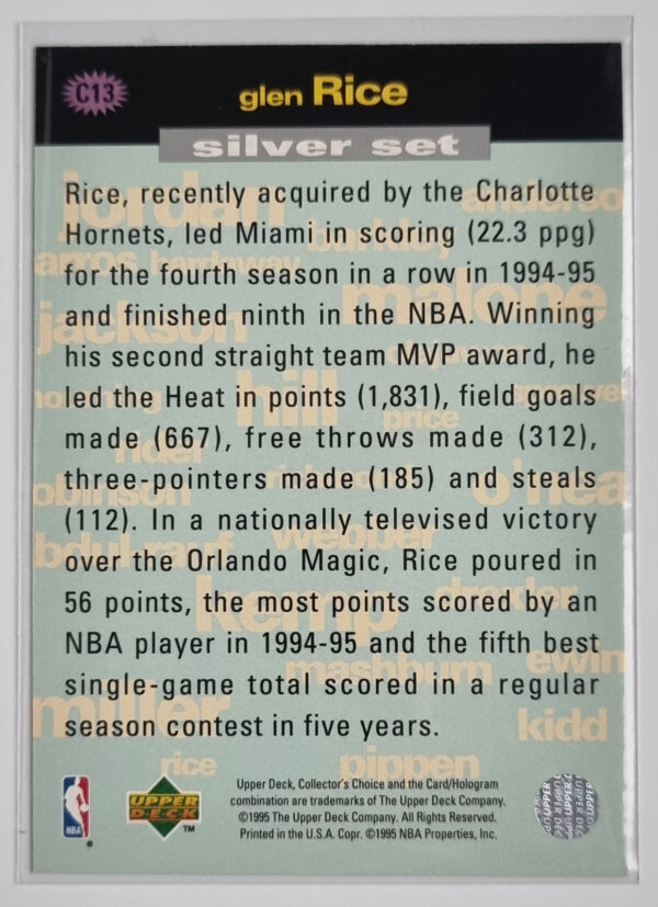 1995-96 Collector's Choice Crash the Game Scoring Silver Redemption #C13 Glen Rice – Image 2