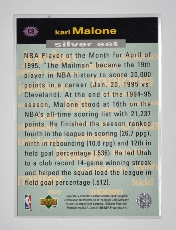 1995-96 Collector's Choice Crash the Game Scoring Silver Redemption #C8 Karl Malone – Image 2