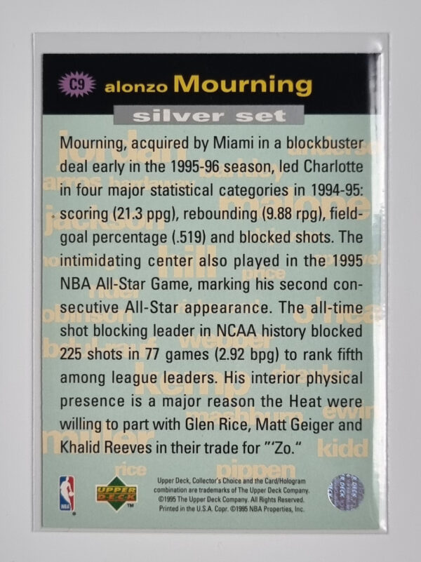 1995-96 Collector's Choice Crash the Game Scoring Silver Redemption #C9 Alonzo Mourning – Image 2