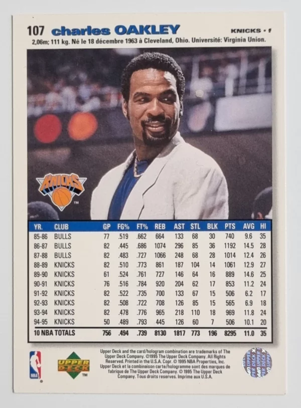 1995-96 Collector's Choice International French I #107 Charles Oakley – Image 2