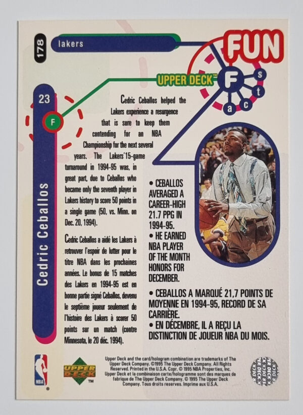 1995-96 Collector's Choice International French I #178 Cedric Ceballos FF – Image 2