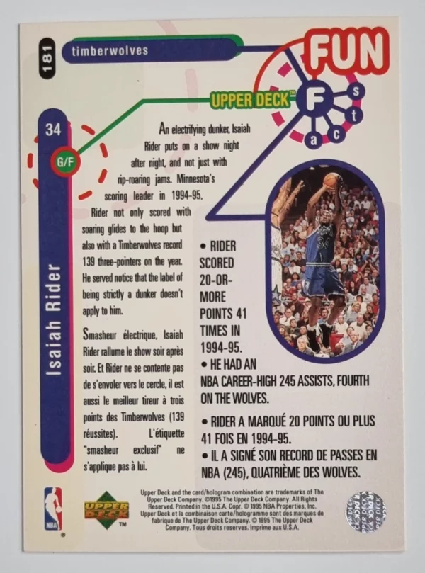 1995-96 Collector's Choice International French I #181 Isaiah Rider FF – Image 2