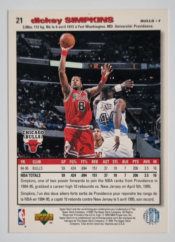 1995-96 Collector's Choice International French I #21 Dickey Simpkins – Image 2