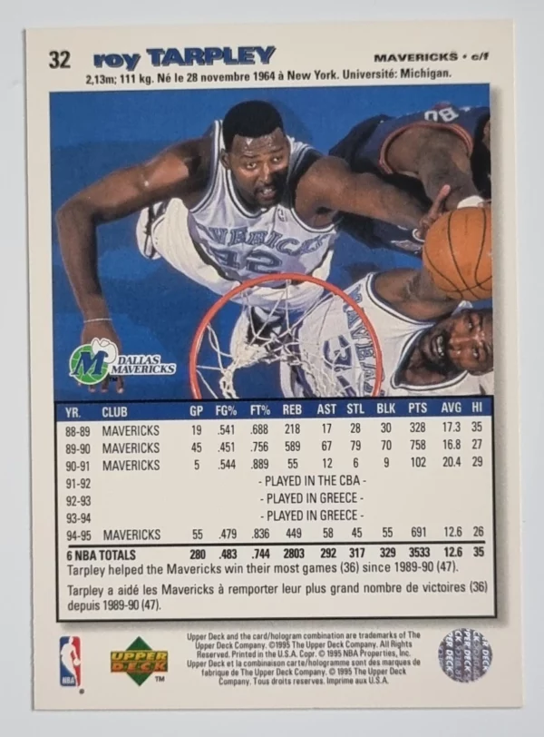 1995-96 Collector's Choice International French I #32 Roy Tarpley – Image 2