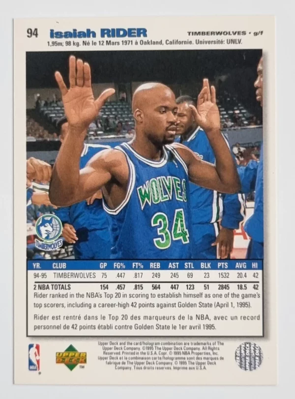 1995-96 Collector's Choice International French I #94 Isaiah Rider – Image 2
