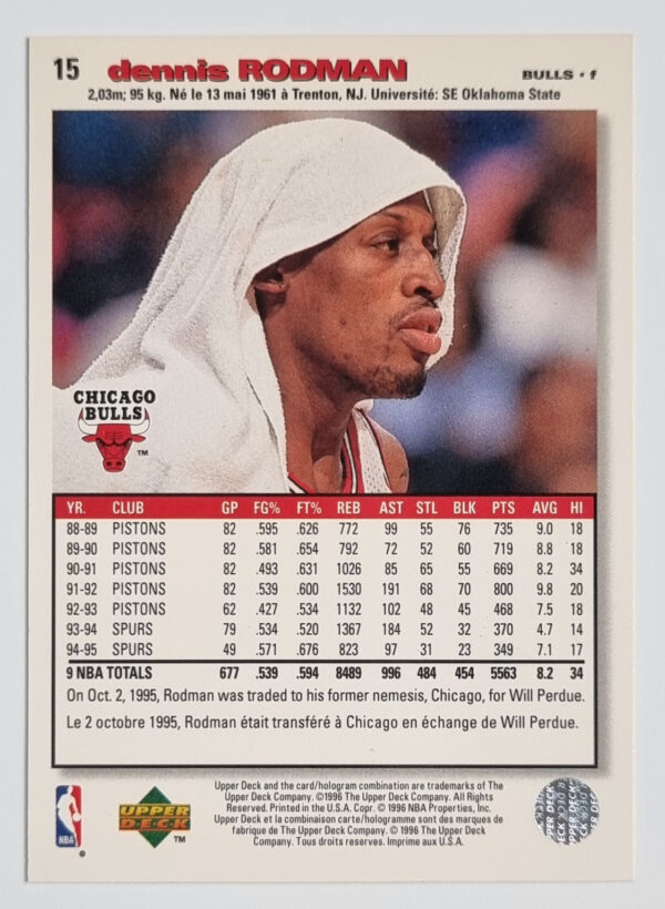 1995-96 Collector's Choice International French II #15 Dennis Rodman – Image 2