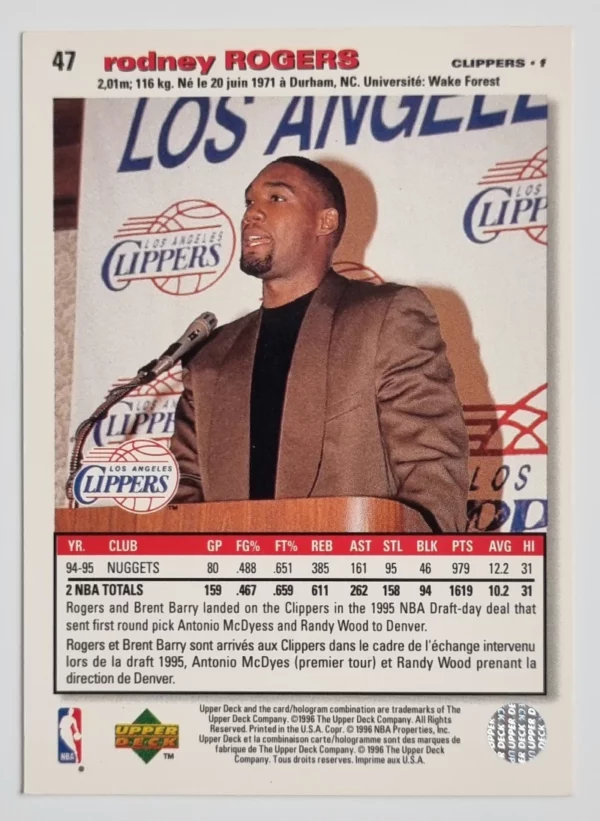 1995-96 Collector's Choice International French II #47 Rodney Rogers – Image 2