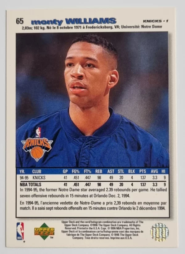 1995-96 Collector's Choice International French II #65 Monty Williams – Image 2