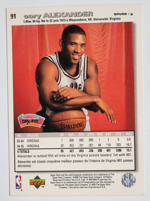 1995-96 Collector's Choice International French II #91 Cory Alexander – Image 2