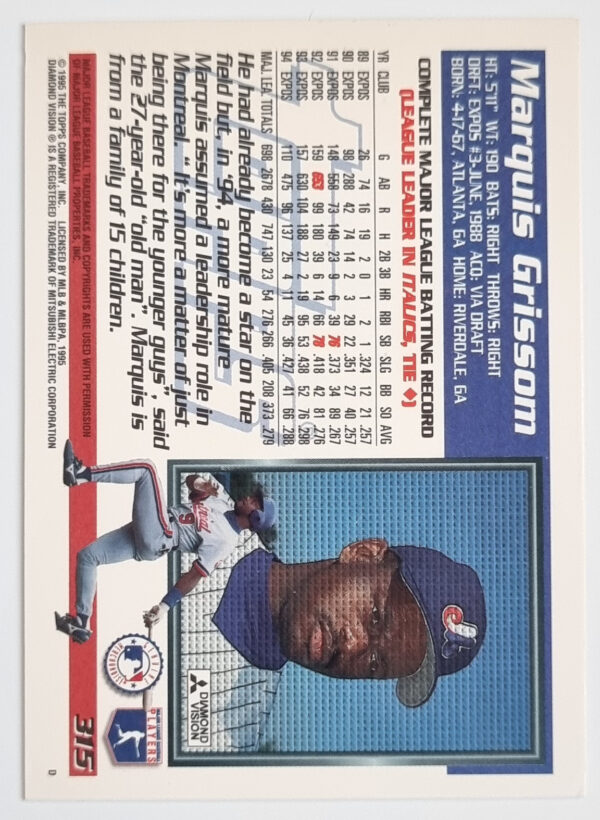 1995 Topps #315 Marquis Grissom – Image 2