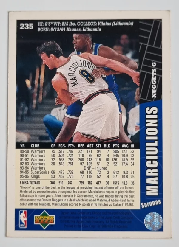 1996-97 Collector's Choice #235 Sarunas Marciulionis – Image 2