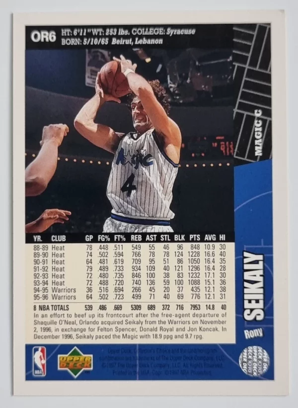 1996-97 Collector's Choice Orlando Magic Team Set #OR6 Rony Seikaly – Image 2