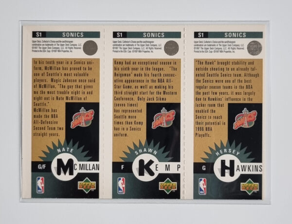 1996-97 Collector's Choice Seattle Supersonics #B1 Hersey Hawkins/Shawn Kemp/Nate McMillan – Image 2