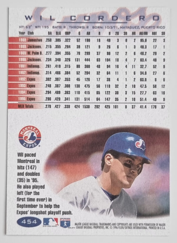 1996 Fleer #454 Wil Cordero – Image 2