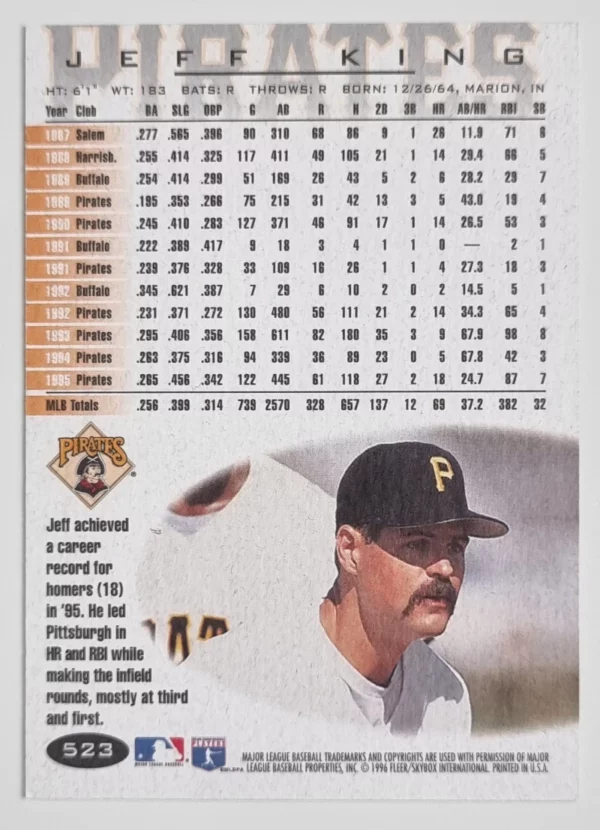 1996 Fleer #523 Jeff King – Image 2