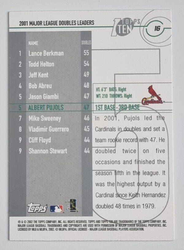 2002 Topps Ten #16 Albert Pujols 2B – Image 2