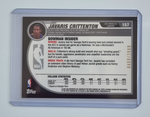 2007-08 Bowman Chrome #157 Javaris Crittenton RC – Image 2