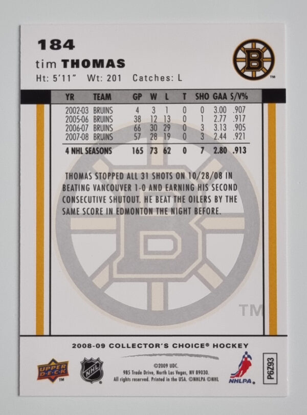 2008-09 Collector's Choice #184 Tim Thomas – Image 2