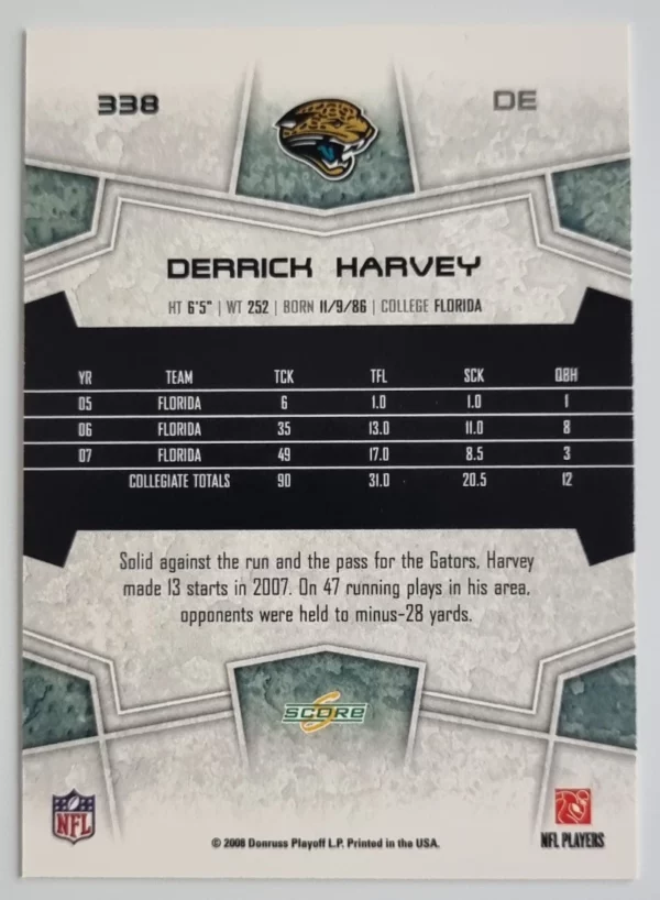 2008 Score #338 Derrick Harvey RC – Image 2