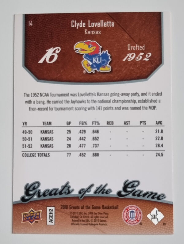 2009-10 Greats of the Game #14 Clyde Lovellette – Image 2