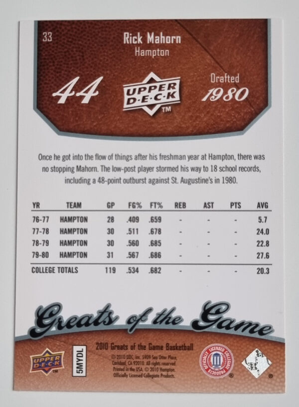 2009-10 Greats of the Game #33 Rick Mahorn – Image 2
