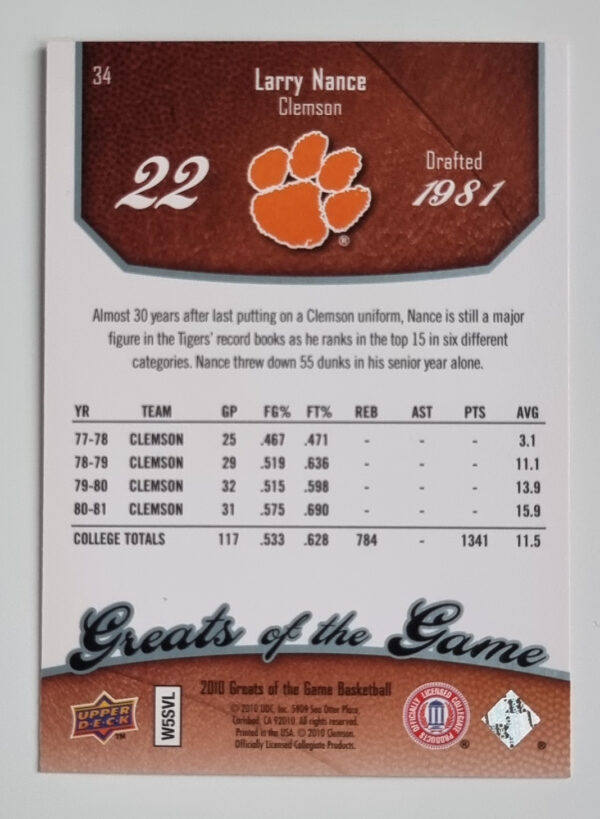 2009-10 Greats of the Game #34 Larry Nance – Image 2