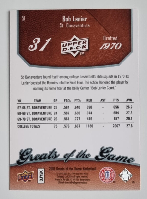 2009-10 Greats of the Game #51 Bob Lanier – Image 2