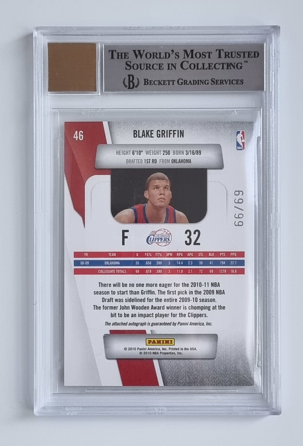 2010-11 Prestige Bonus Shots Black Signatures #46 Blake Griffin/99 – Image 2