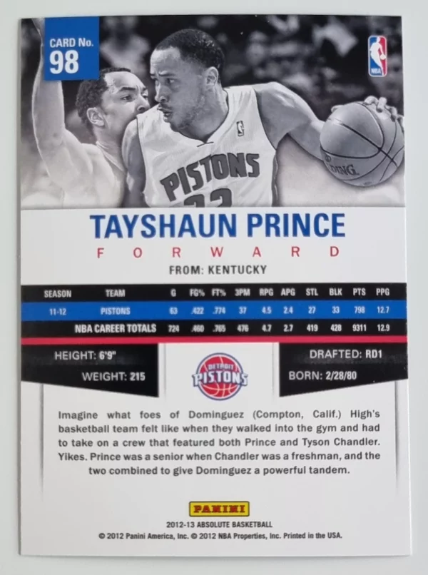 2012-13 Absolute #98 Tayshaun Prince – Image 2