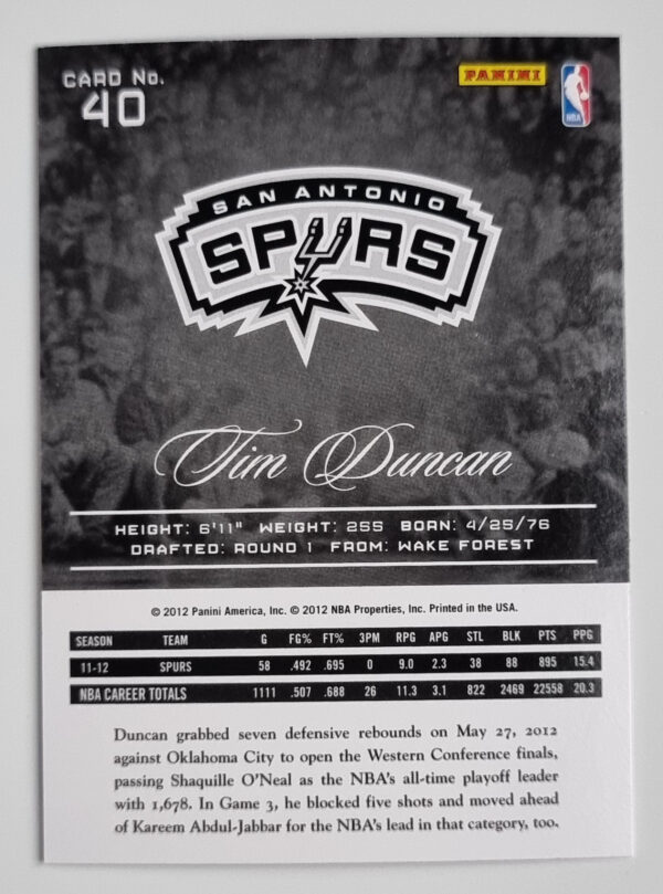 2012-13 Prestige #40 Tim Duncan – Image 2
